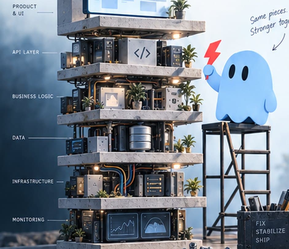 A system drawn as stacked floors: product and UI, API layer, business logic, data, infrastructure, monitoring.